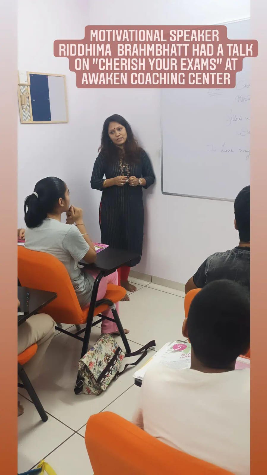 Motivational speaker Riddhima Brahmbhatt addressing students at Awaken Coaching Centre